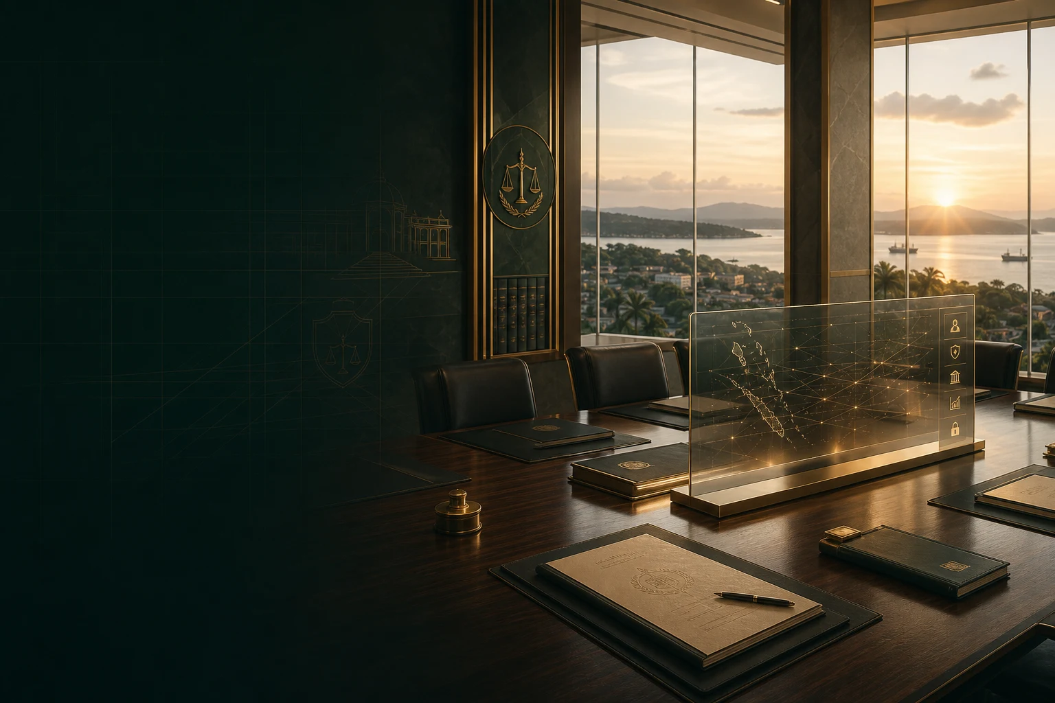 Government governance chamber overlooking Port Vila with official registers and a digital identity infrastructure display