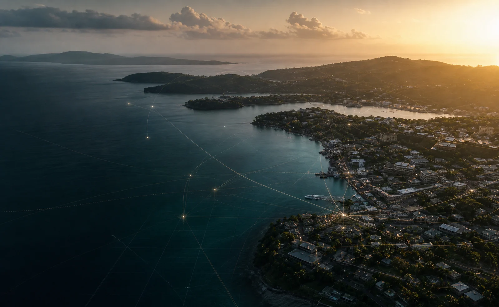 National resilience and civic infrastructure visual showing Vanuatu harbour and digital service networks