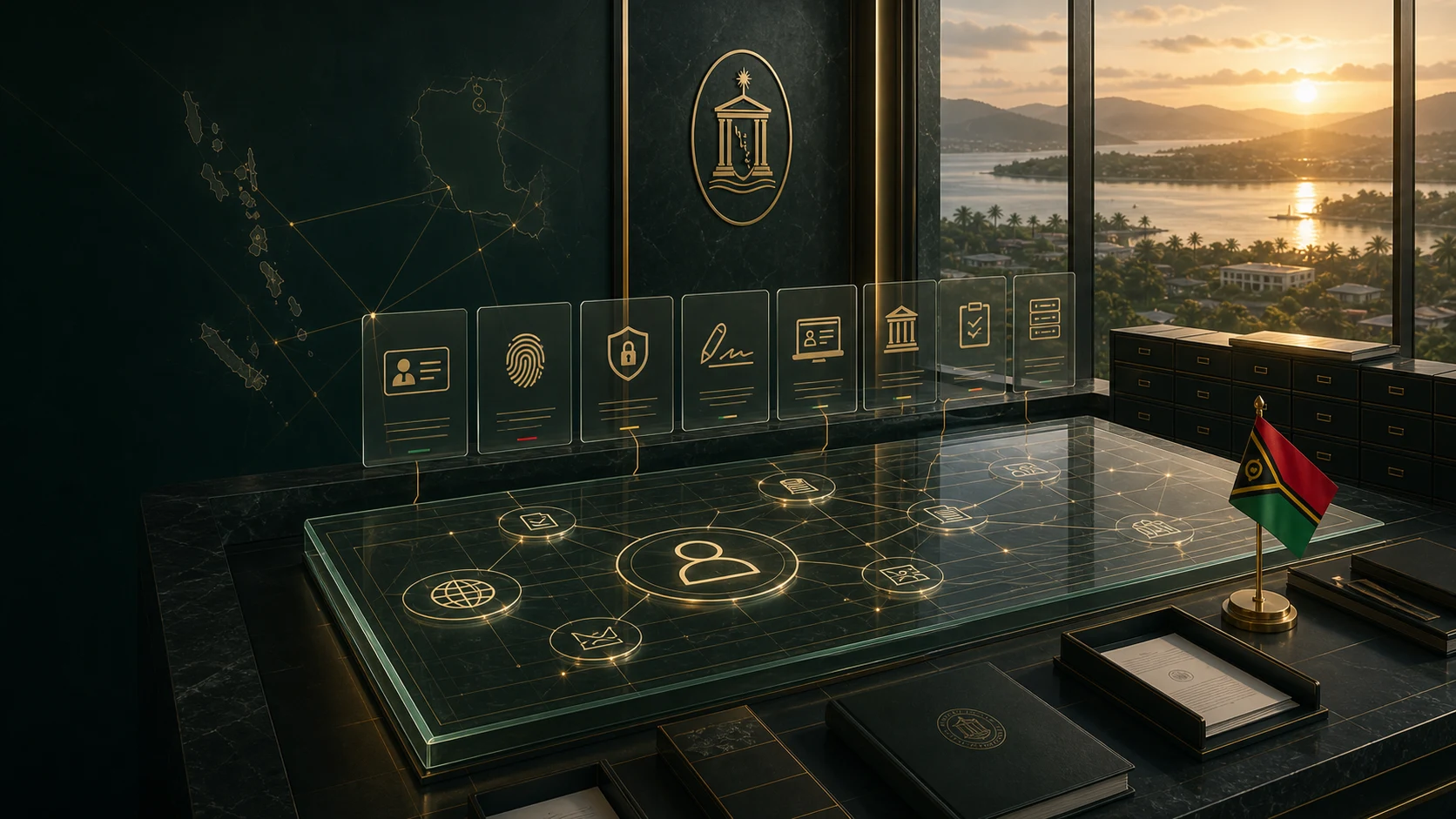 Sovereign digital public infrastructure visual showing verified identity, authentication, e-signature, e-services, corporate registry and audit records.