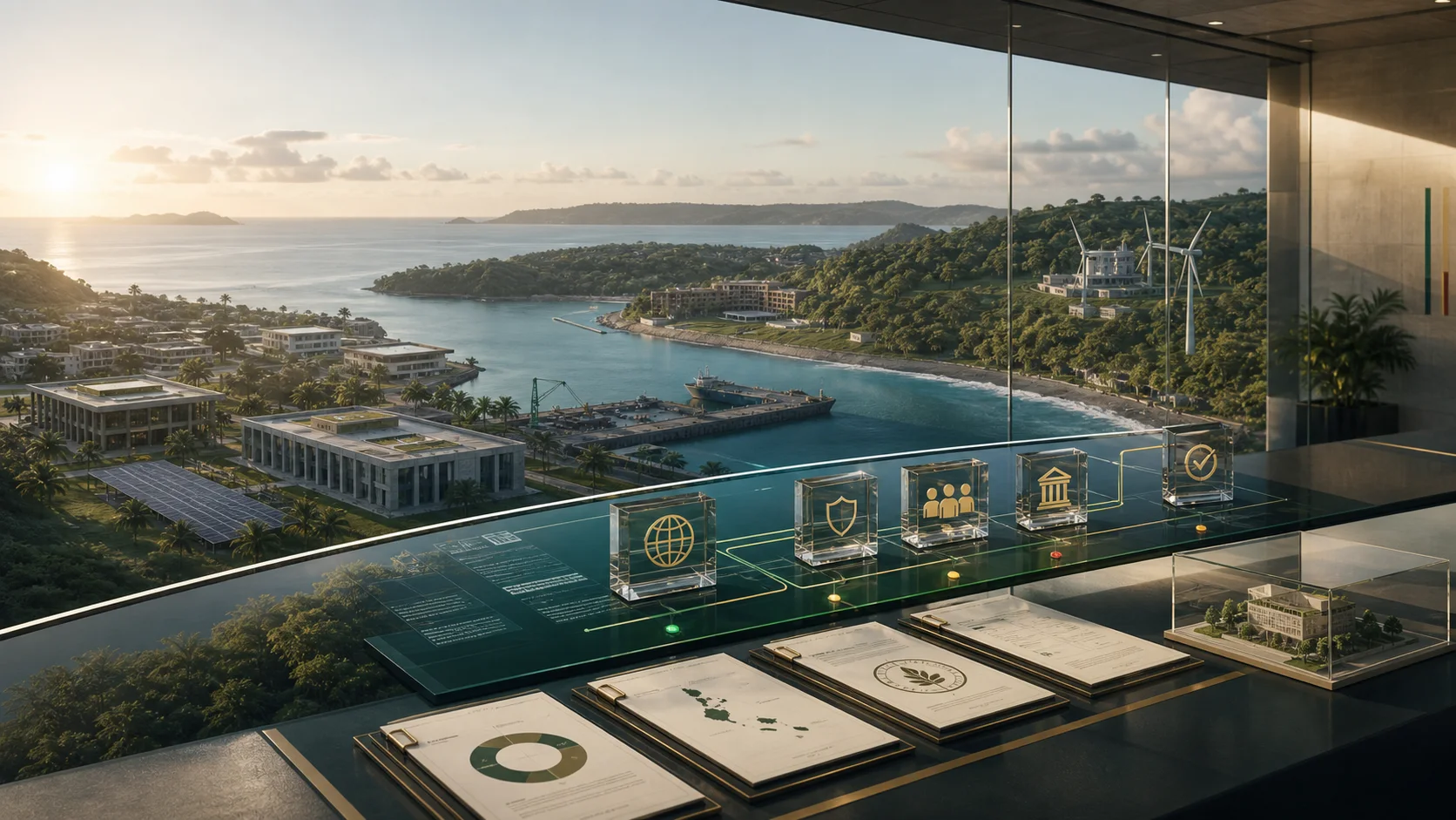 Public development finance visual showing audited fund governance, Vanuatu harbour infrastructure and regulated capital deployment