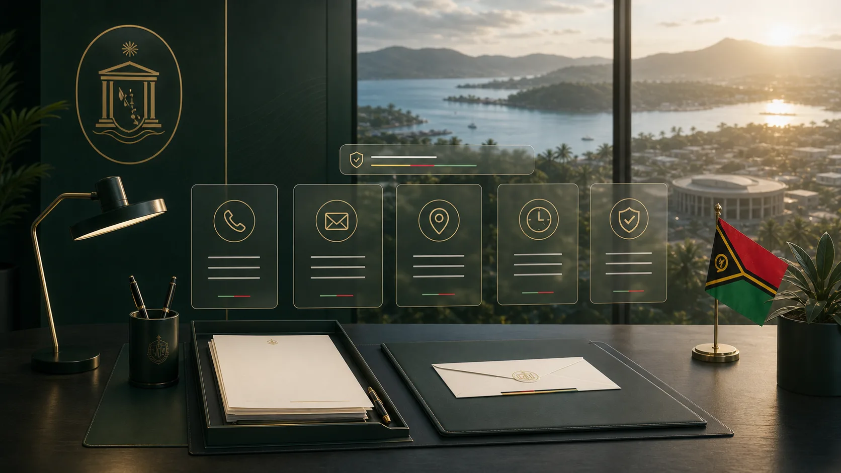 Institutional contact visual showing verified public enquiry channels, official correspondence and Port Vila harbour.