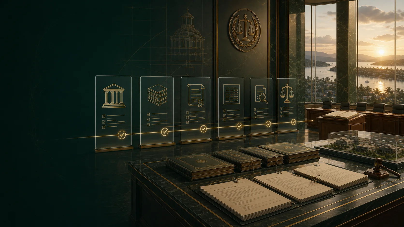 Statutory control chain showing primary legislation, programme schedules, Gazette instruments, administrative review, court appeal and statutory review inside a government legal records chamber.