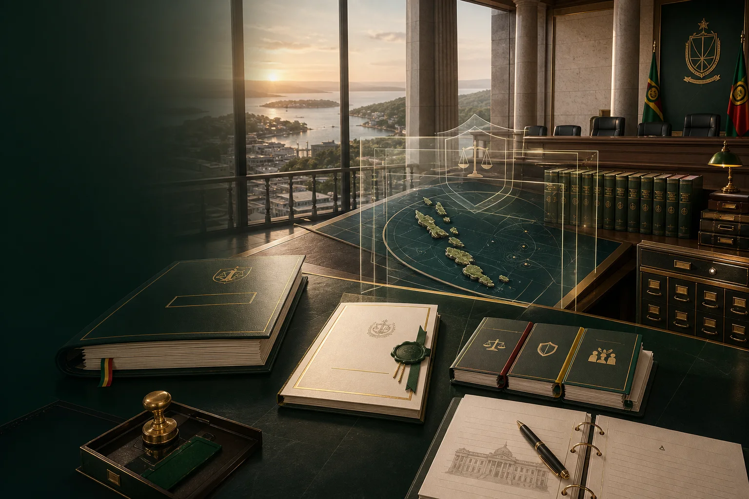Statutory architecture visual showing a legal drafting chamber, programme schedules, Gazette records and the non-citizenship firewall