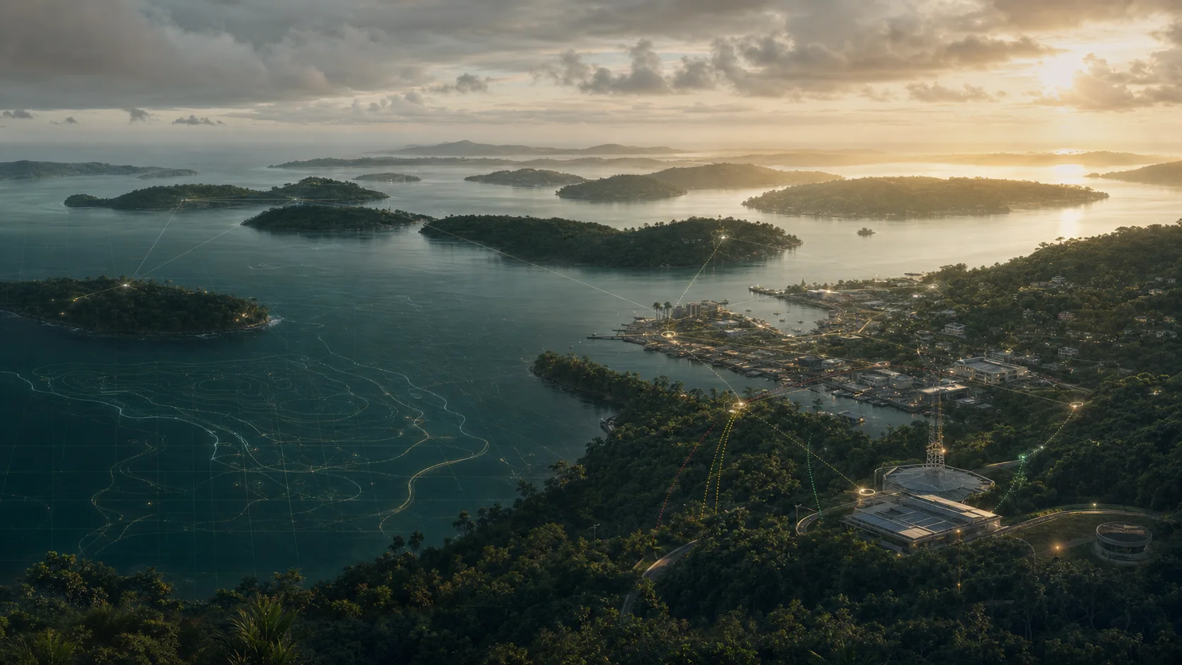 Vanuatu island resilience visual showing coastal civic infrastructure and secure digital service networks