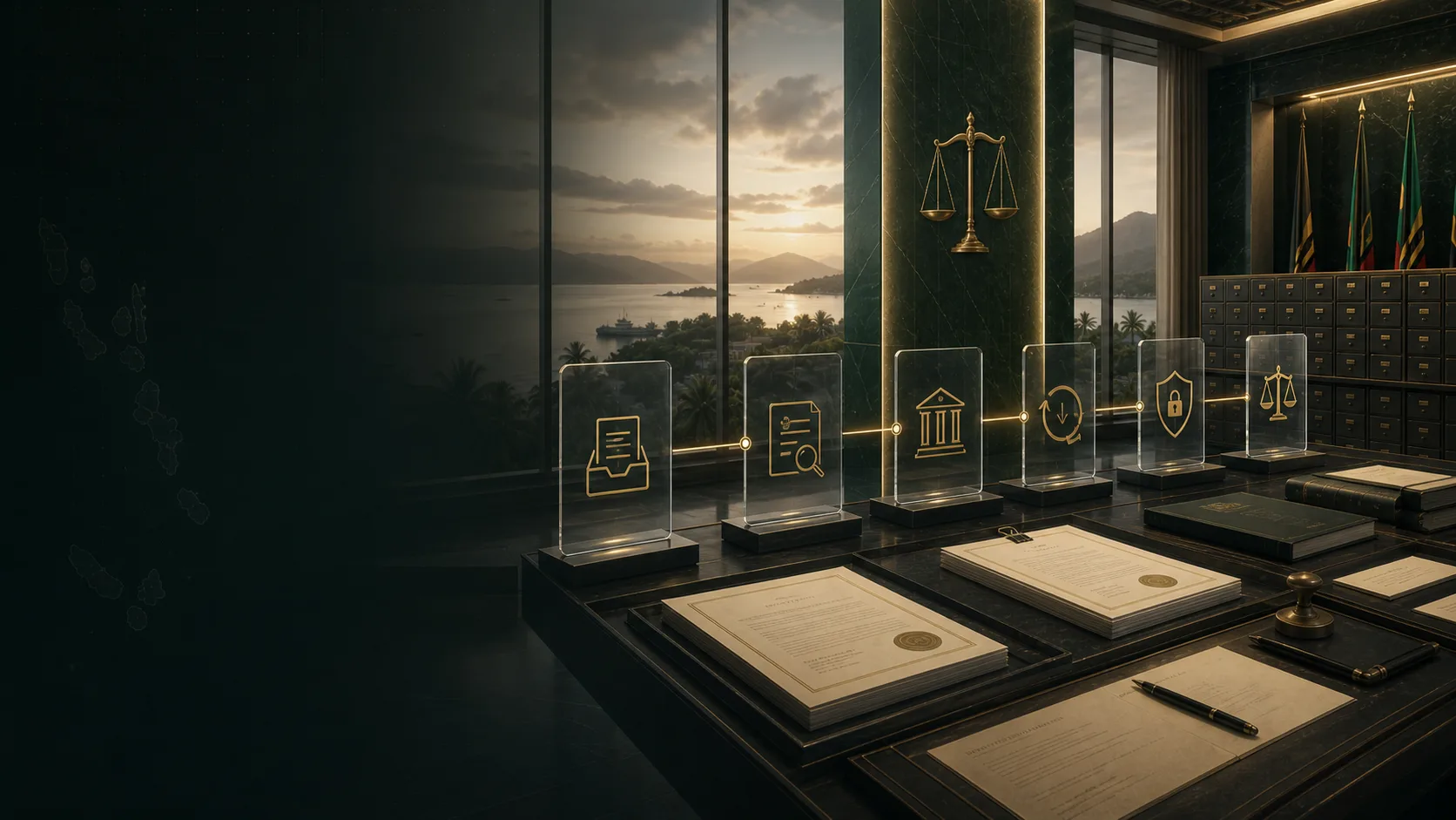 Institutional lifecycle visual showing application intake, due diligence, Bureau decision, register entry, renewal review and revocation safeguards inside a government-controlled record system