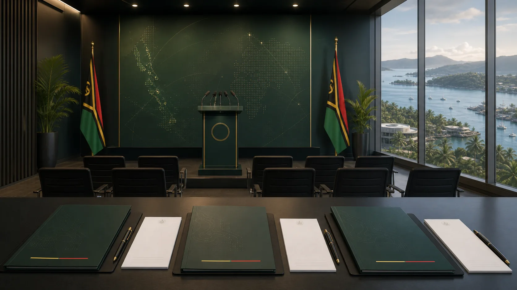 Official press briefing visual showing a government media room, blank press folders and Port Vila harbour.