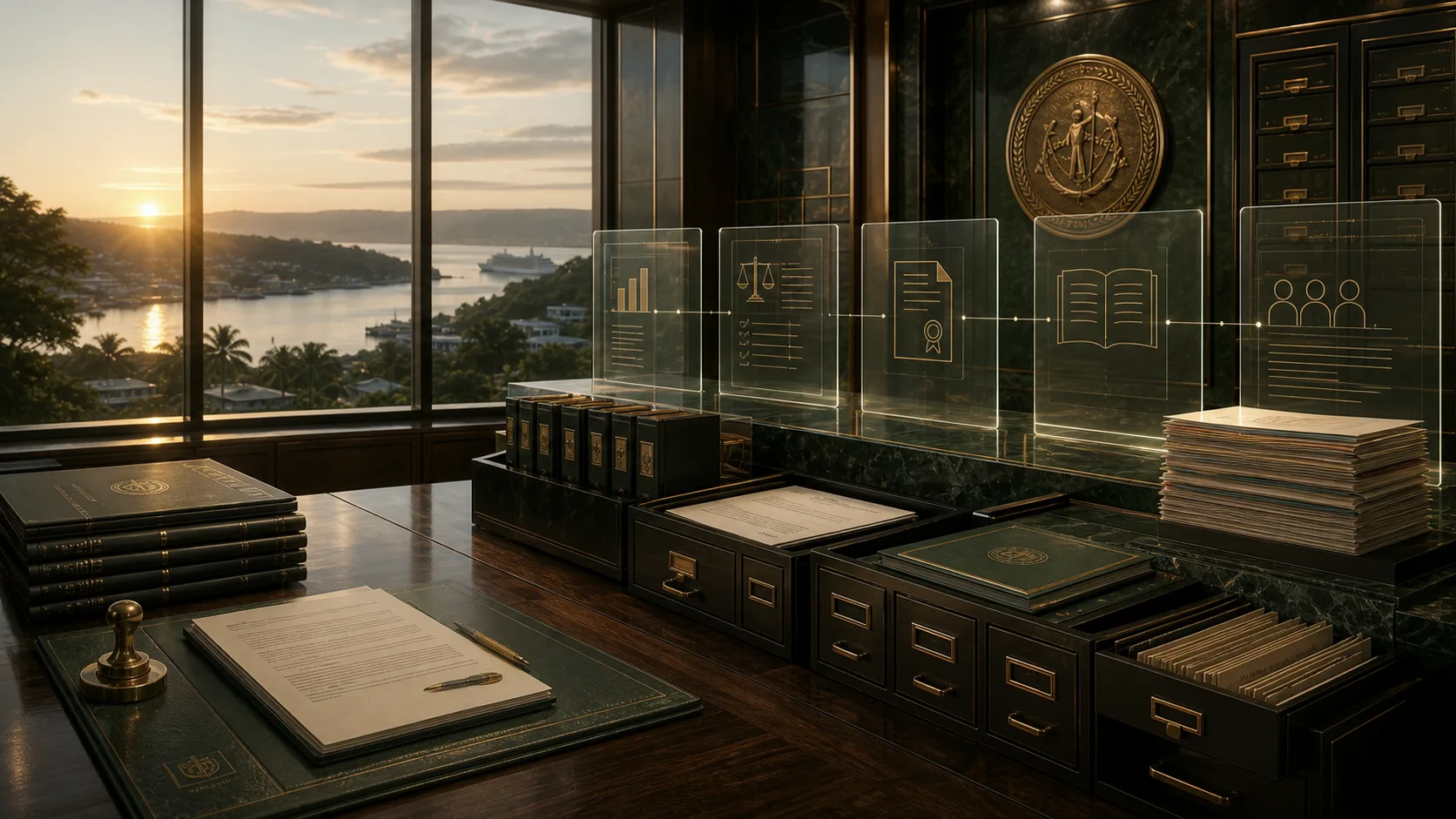 Public accountability chain showing statutory revenue records, audit files, Gazette notices, annual reports and parliamentary review inside a secure government records chamber.