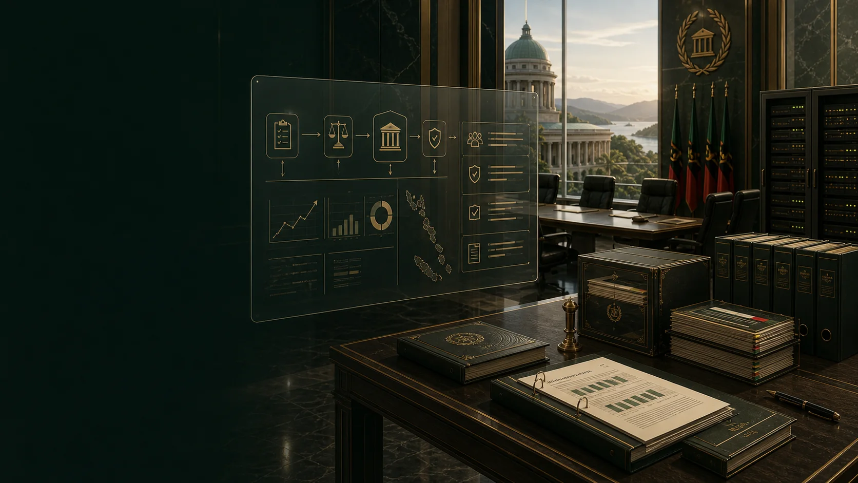 Government oversight chamber with audit records, secure data custody and public decision-control systems.