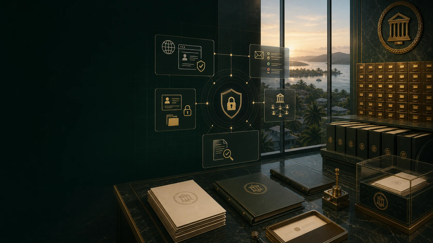 Statutory data custody visual showing secure public-sector records, digital identity controls, archive drawers and Port Vila harbour.